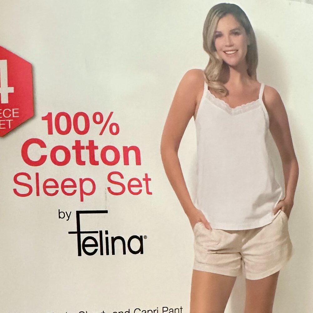 Felina Women's 4 Piece 100% Cotton Sleep Pajama Set L Tee Tank Short Capri Pant - Picture 5 of 10